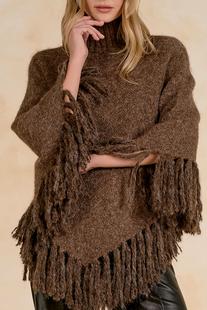 Elan Women's Turtleneck Poncho with Fringe Alternate View